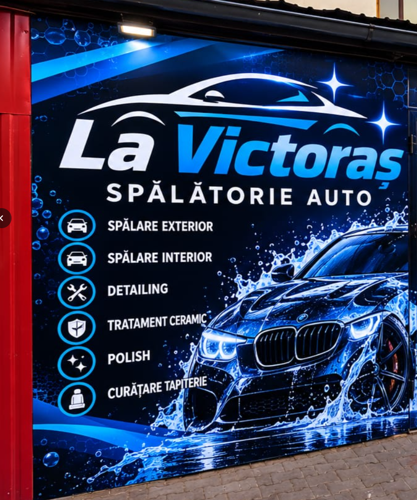 Fațada spălătoriei auto La Victoraș, cu lista serviciilor afișată pe panoul albastru.